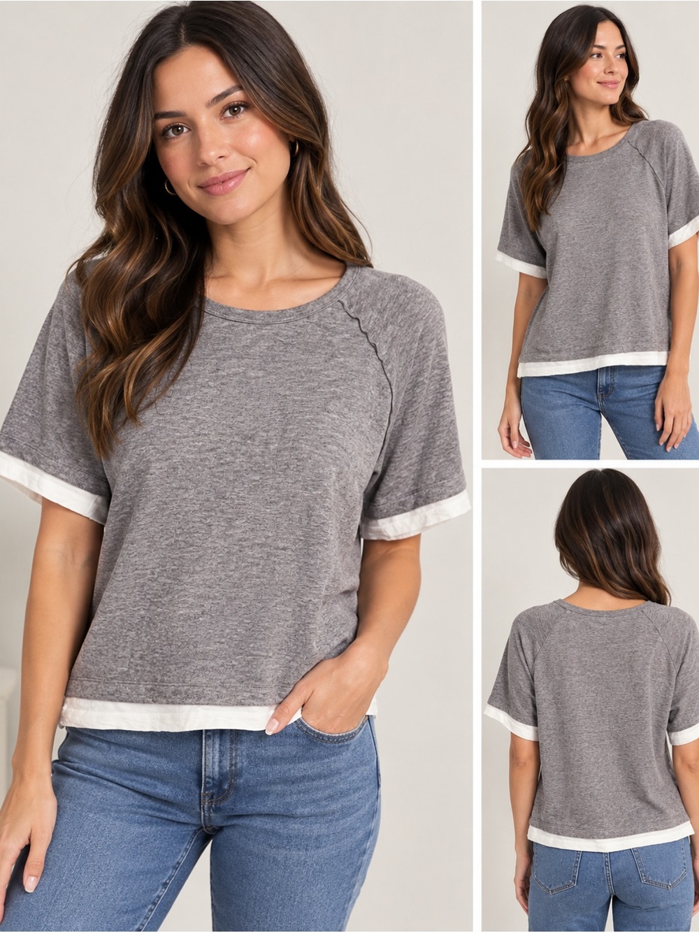 ✨Evereve Gray Layered Hem Short Sleeve Top Size M